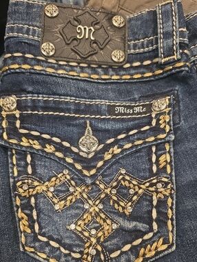 Miss Me Dark Blue Denim Jeans with Gold Embroidery and Rhinestones